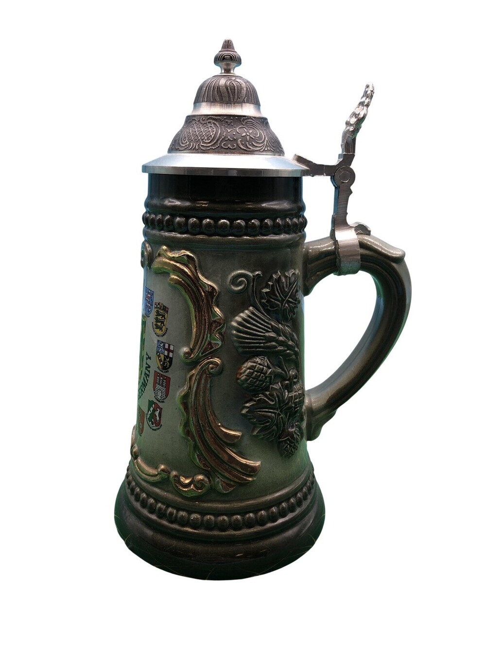 Unmarked Germany Lidded Beer Stein Deutschland Crest Shields Pewter Lid Gray